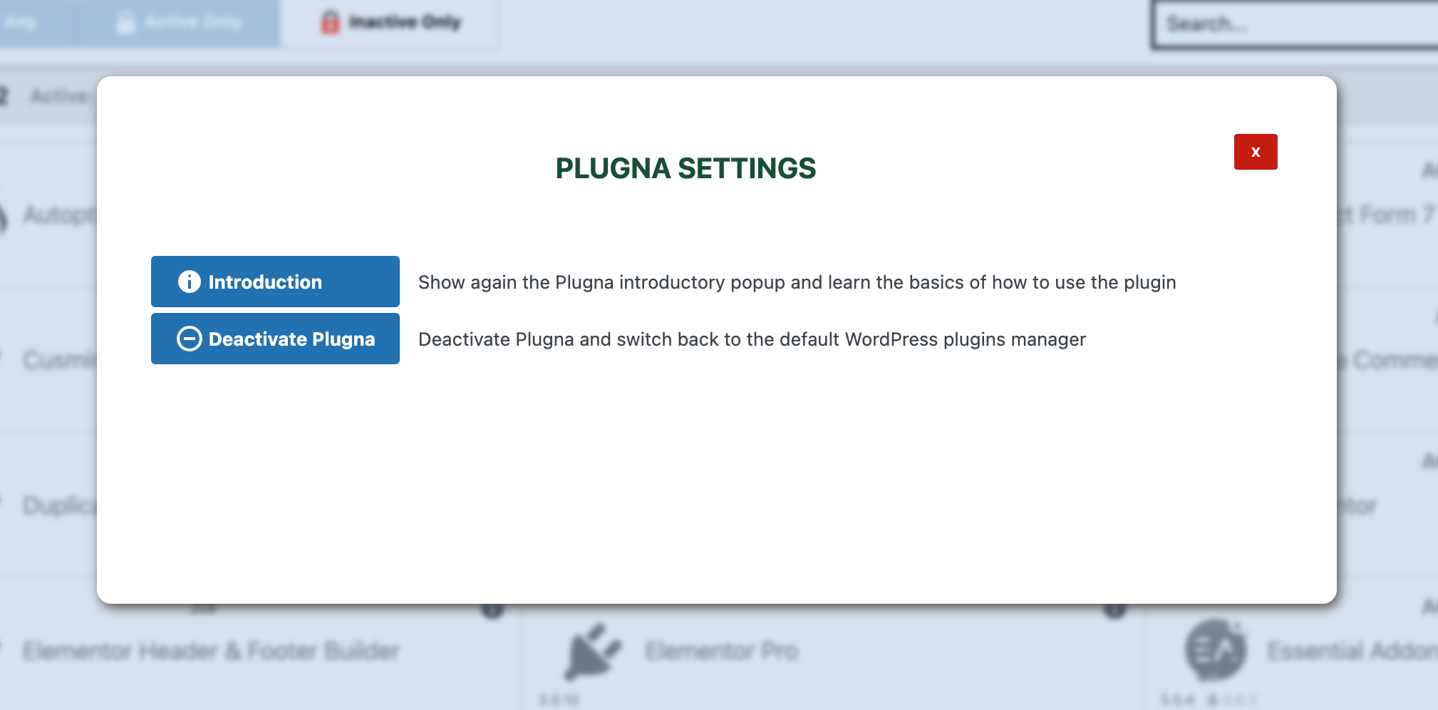 Plugna settings